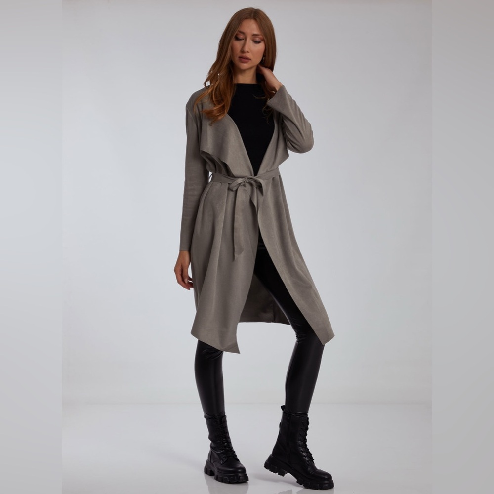 NWOT Gray Faux Suede Open Front Belted Trench Cardigan Coat